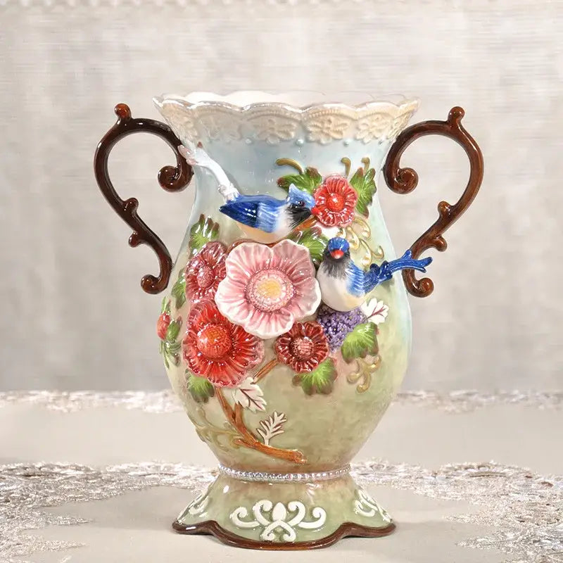 Decorbites elephant vase ceramic with light green base pink and red flowers blue birds for living room decor