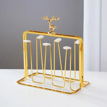 European gold deer glass storage rack with golden metal cup holder and white ceramic accents for dining room use