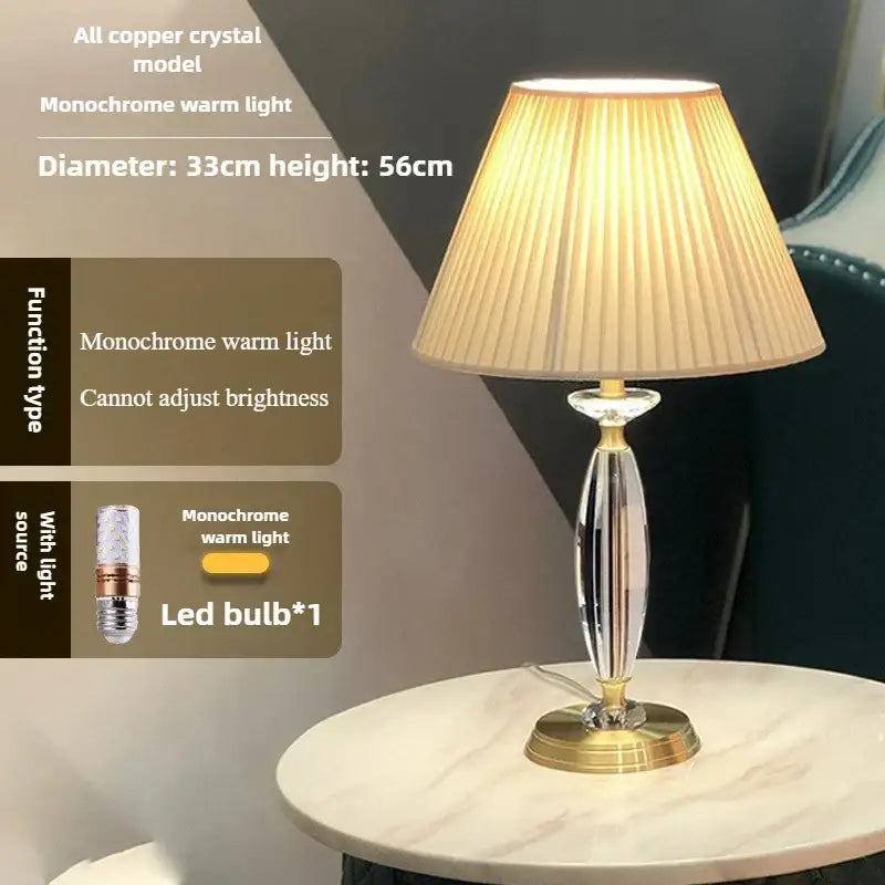 Elegant copper crystal floor lamp with pleated beige shade and warm lighting for living room ambiance