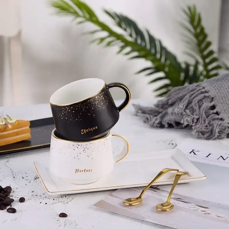 European style black and white ceramic coffee cup set with gold rims and inscriptions perfect for dining room use