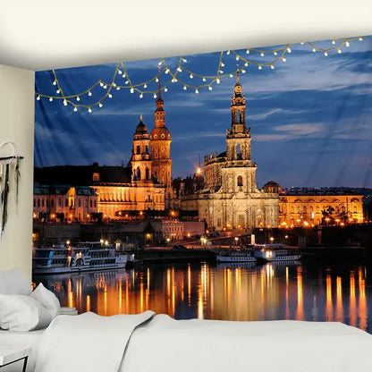 European style tapestry featuring a city night scene with illuminated buildings and boats, ideal for bedroom wall hanging