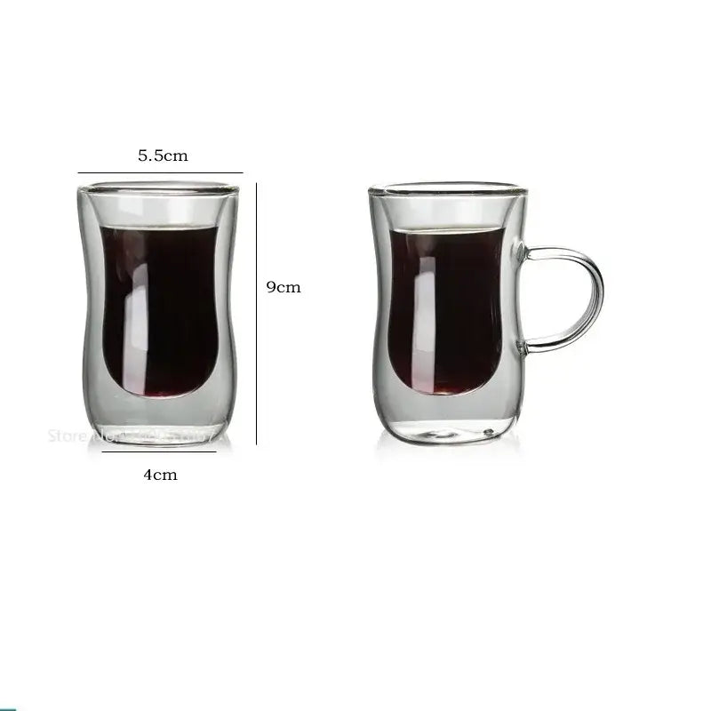 European style clear double glass insulated coffee mug with handle filled with dark liquid for kitchenware use