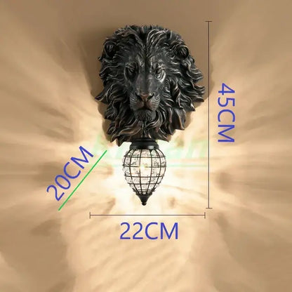 Black lion head wall lamp with a wrought iron cage-style lampshade for decorbites lion head living room decor