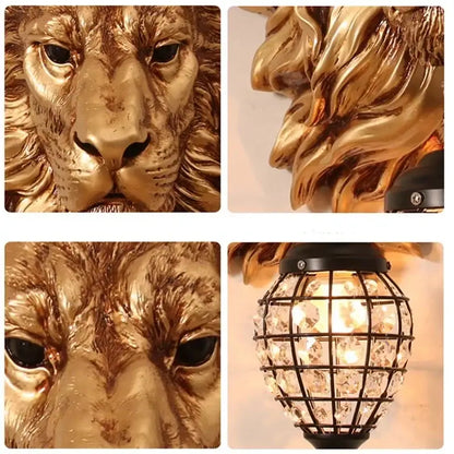 European style golden lion head wall lamp with crystal globe glass sconce for living room decorbites lion head decor