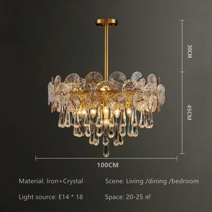 Gold-toned crystal chandelier with intricate flower and teardrop designs, an exquisite piece for living rooms