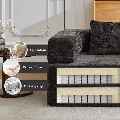 Kompressions-Sofa, Umklappbares Boden-Sofa-Bett mit feststehendem Formrahmen, Einzelner Sitz ohne Knochen, Modulares Sektionalsofa, Keine Montage erforderlich, Chenille-Stoff, für Wohnzimmer und Schlafzimmer, Schwarz