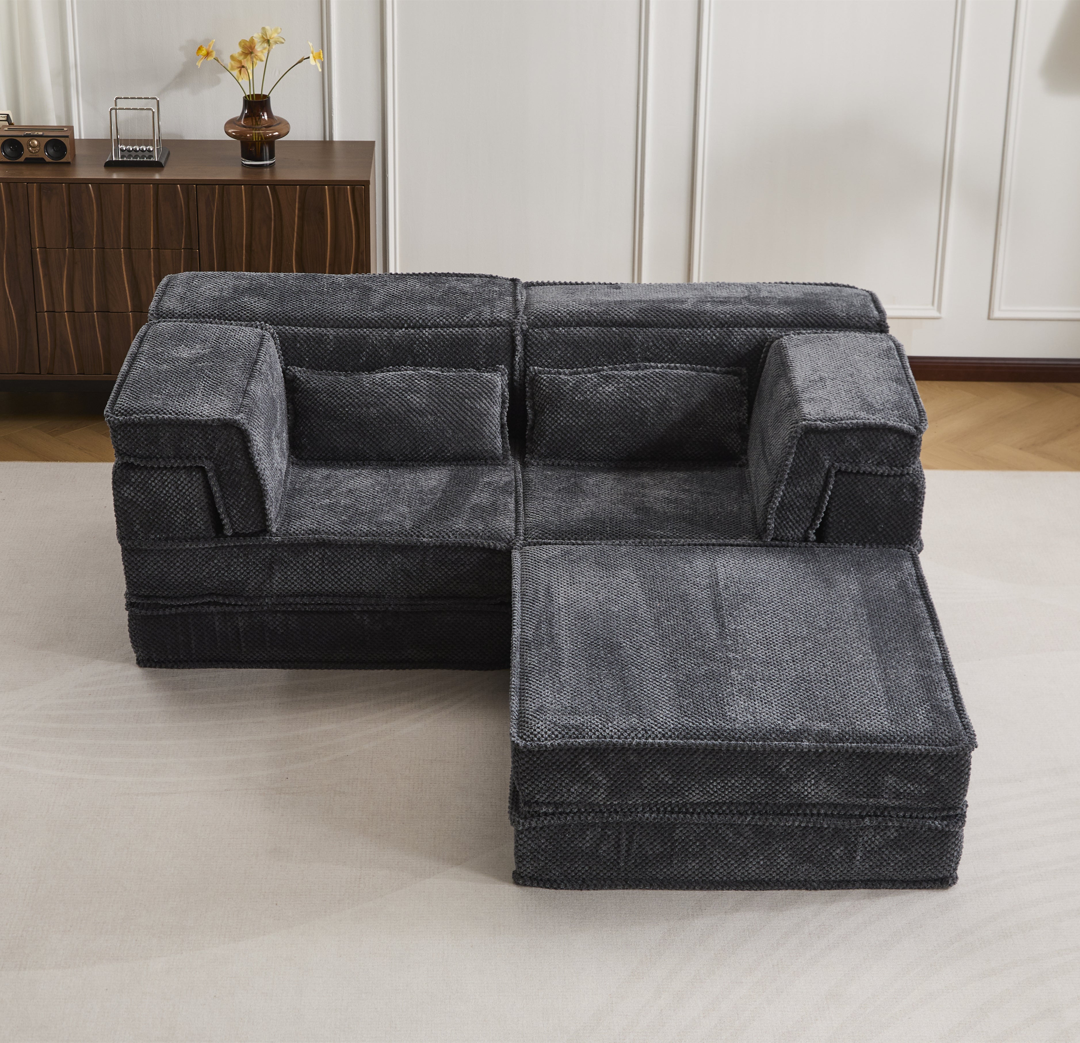 Kompressions-Mahjong-Sofa, Umwandelbares Boden-Sofabett, DIY Knochenloses Modulares Sektionalsofa, Keine Montage erforderlich, Kreisförmiger Fleece-Stoff, Überdimensioniertes 2-Sitzer-Sofa mit 1 Hocker, Dunkelgrau