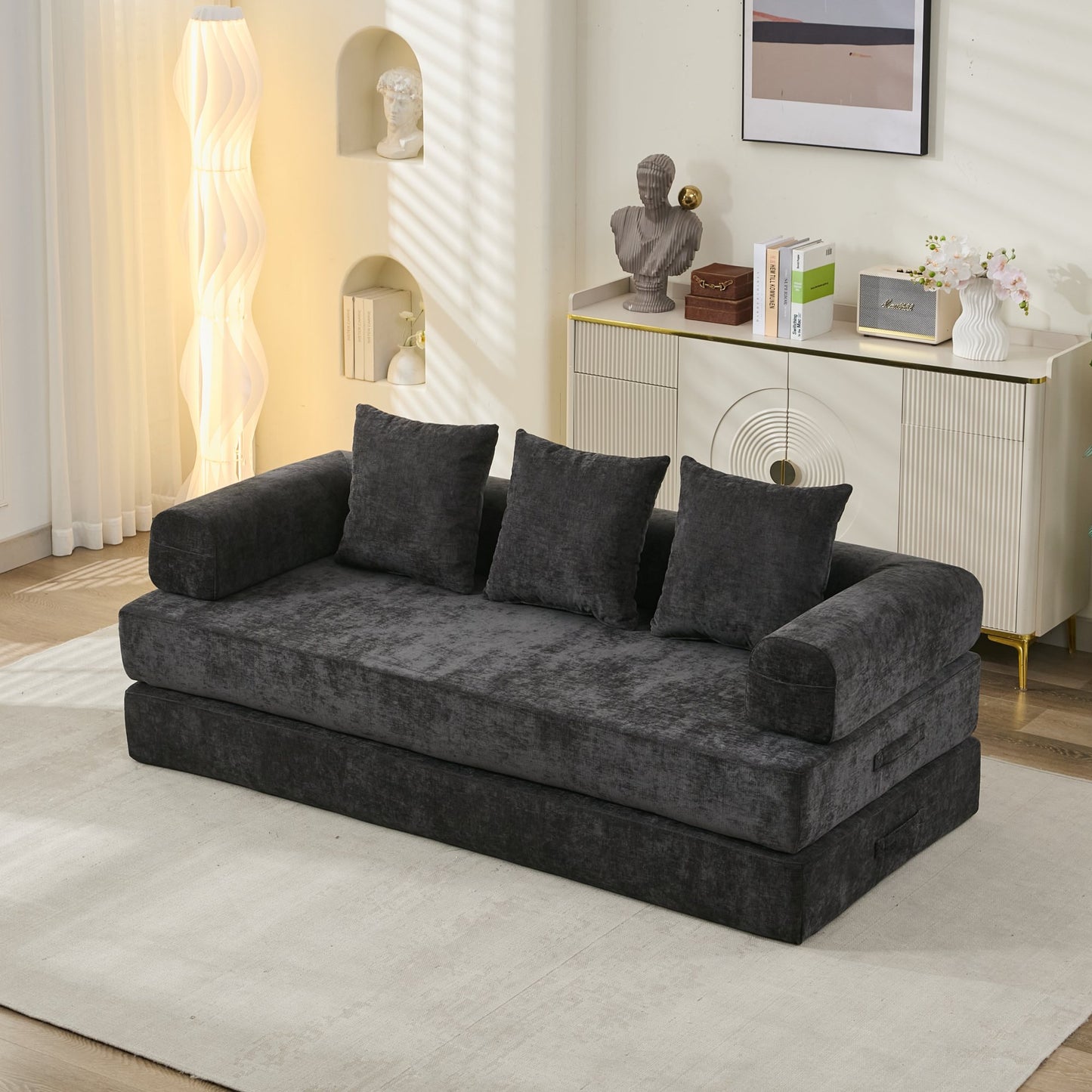 Komfortables umklappbares Matratzen-Sofabett, Boden-Sofabett, Chenille-Boden-Sofa mit Armlehne, Boden-Sofa-Lounge-Couch für Wohnzimmer, Schlafzimmer, Lounge und Studio – Schwarz