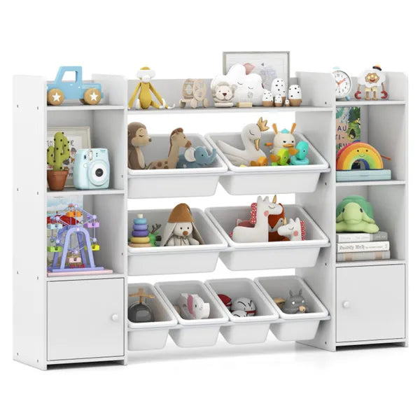 Weißes multifunktionales Kinderregal - Spielzeugorganizer + Bücherregal, 142 cm x 30 cm x 99 cm, Umkippsicherung, Tragfähigkeit 120 kg