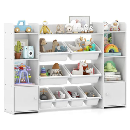 Weißes multifunktionales Kinderregal - Spielzeugorganizer + Bücherregal, 142 cm x 30 cm x 99 cm, Umkippsicherung, Tragfähigkeit 120 kg