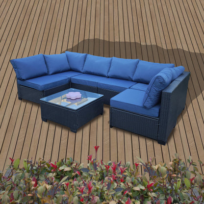 Siebenteiliges Sofaset mit Tisch und Sessel, Schwarz, PE-Rattan, Außenmöbel 7-JH001, Karton 3-1-2-3 mit blauen Sitzkissen