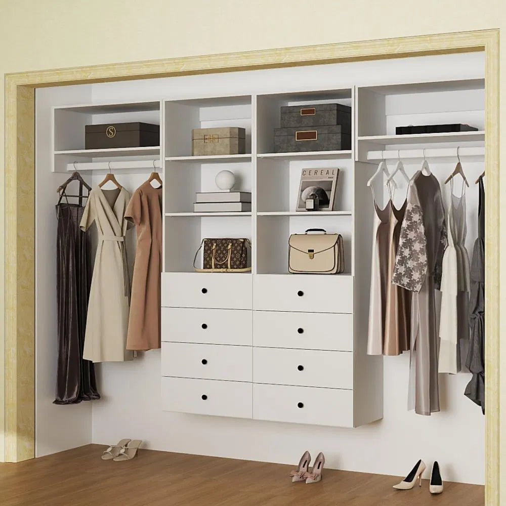 Schrank-Organisationssystem, Wandmontierter Schrankaufbewahrungsbereich mit Schubladen und Regalen, Schrankaufbewahrung für das Schlafzimmer, Weiß