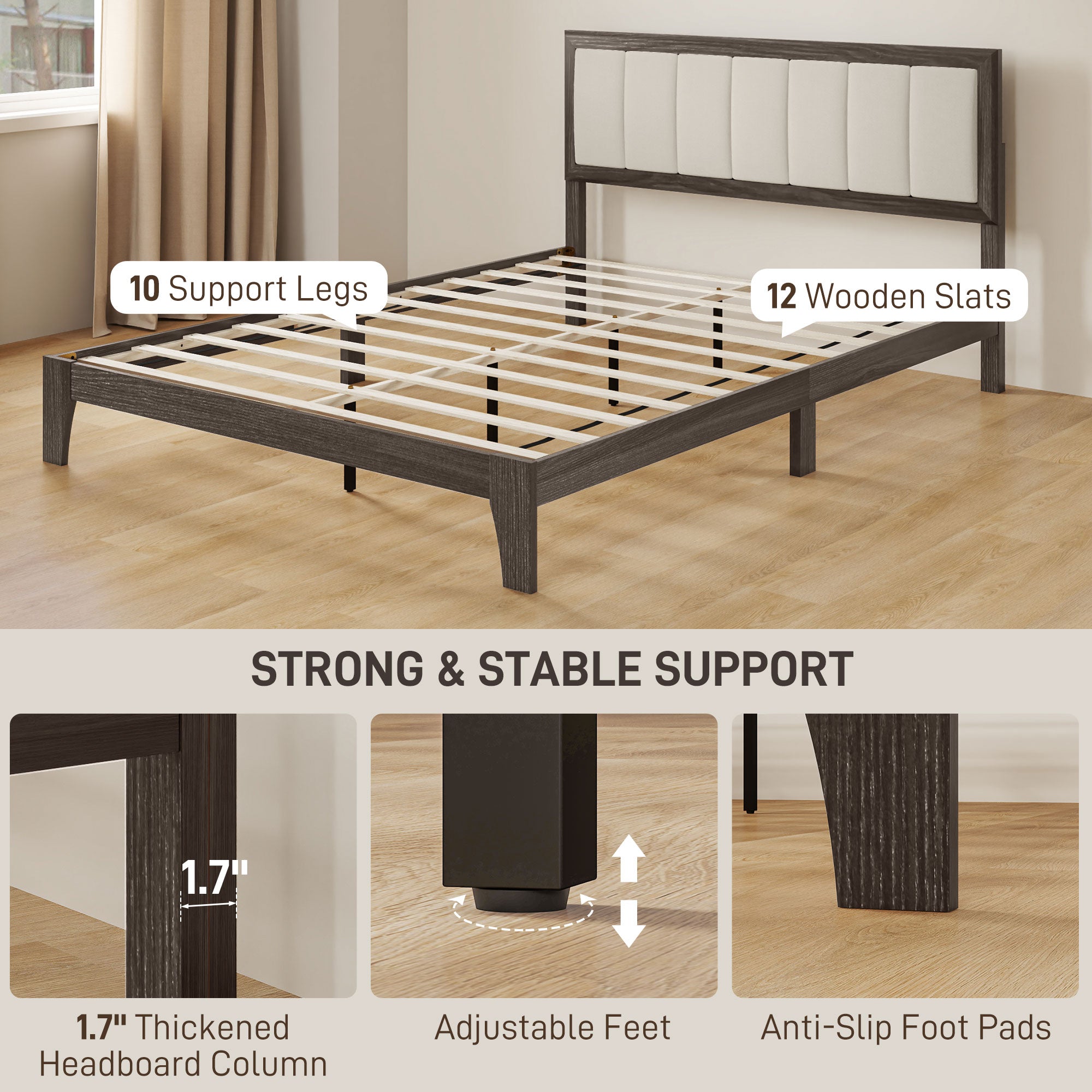 Bettgestell Queen-Size mit Kopfteil, Plattform-Bettgestell mit Holzlatten, kein Boxspring nötig, Anthrazitgrau
