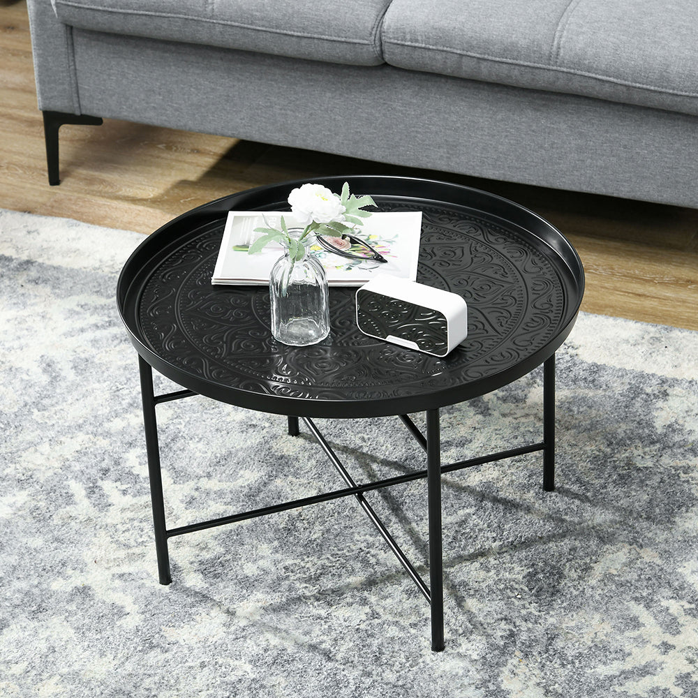 Couchtisch für das Wohnzimmer, 24-Zoll runder Mittelstisch mit gehämmertem Tablett-Oberteil und Metallrahmen für das Schlafzimmer, schwarz