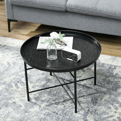 Couchtisch für das Wohnzimmer, 24-Zoll runder Mittelstisch mit gehämmertem Tablett-Oberteil und Metallrahmen für das Schlafzimmer, schwarz