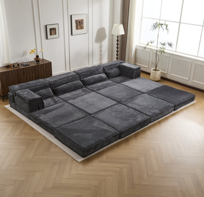 Kompressions-Mahjong-Sofa, Umwandelbares Boden-Sofabett, DIY Knochenloses Modulares Sektionalsofa, Keine Montage Erforderlich, Kreisförmiger Fleece-Stoff, Überdimensioniertes 4-Sitzer-Sofa mit 2 Hocker, Dunkelgrau