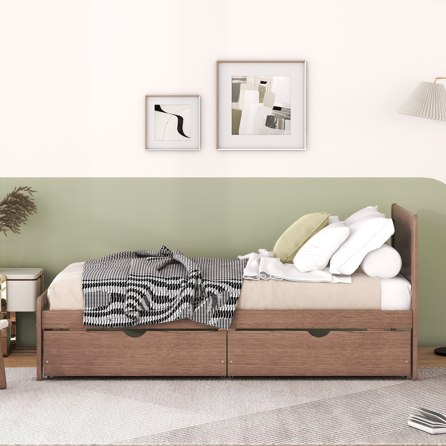 Moderner Design Doppelbettgestell in Plattformstil mit 2 Schubladen für Walnussfarbe