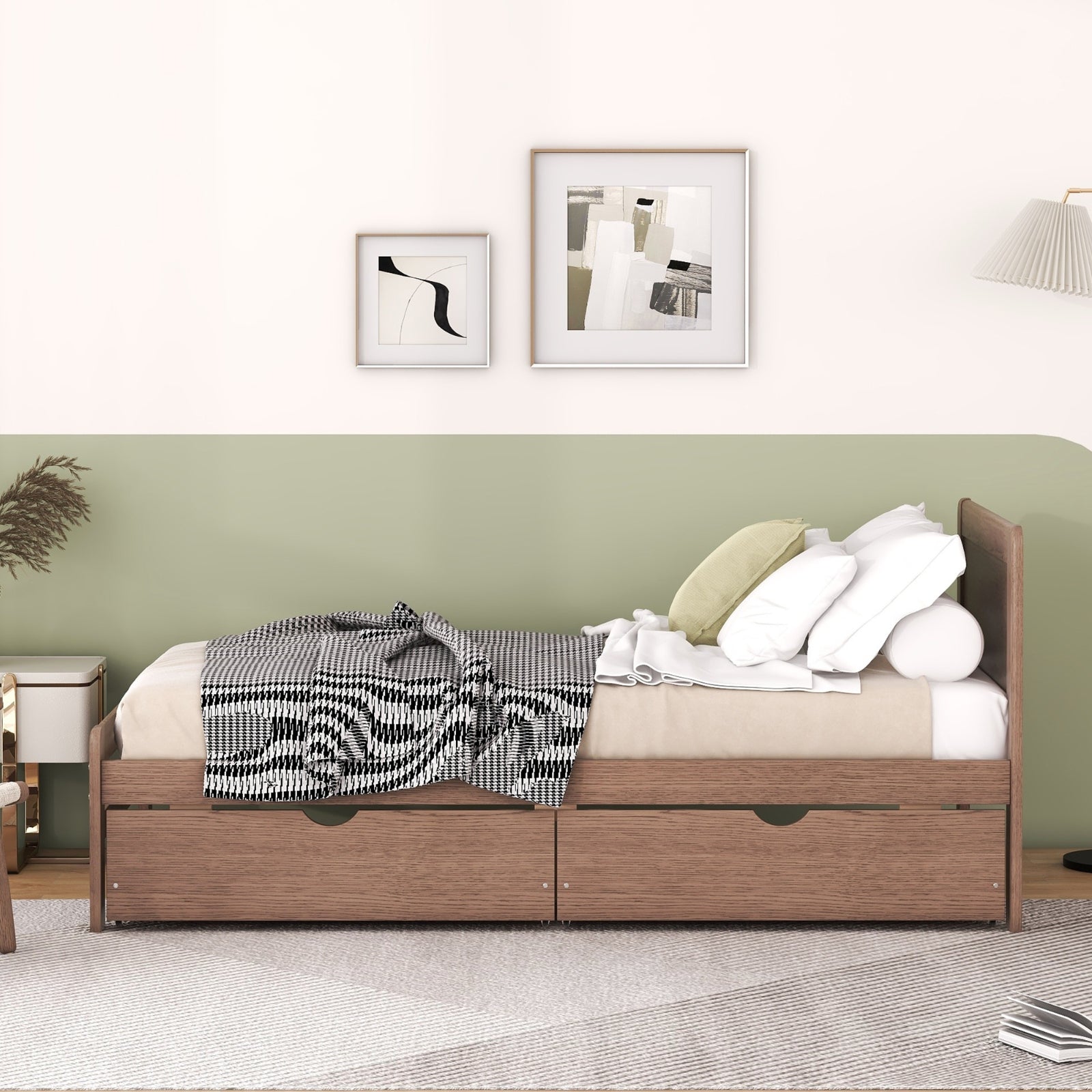 Moderner Design Doppelbettgestell in Plattformstil mit 2 Schubladen für Walnussfarbe