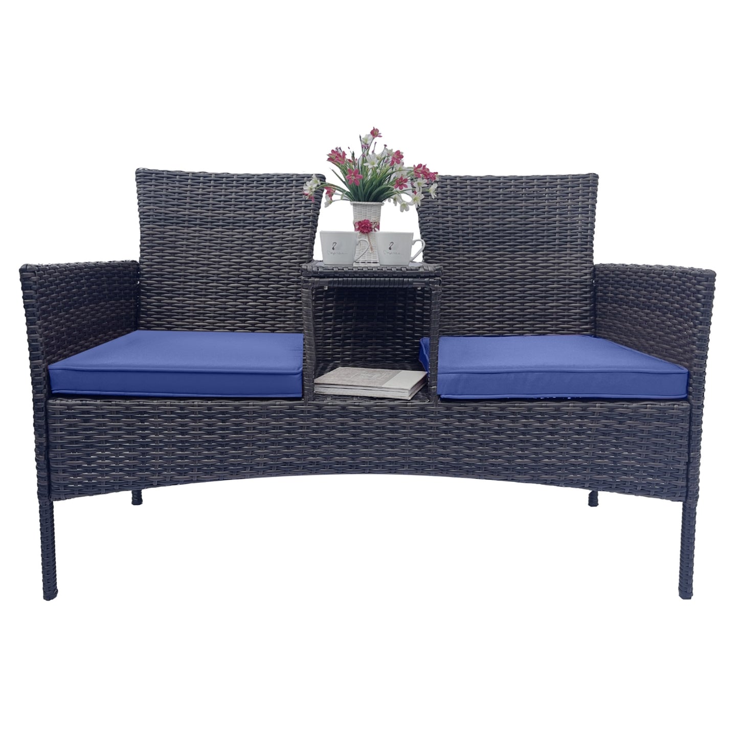 Wicker Patio-Gesprächsmöbel-Set, Outdoor-Möbel-Set mit abnehmbaren Polstern & Tisch, Temp