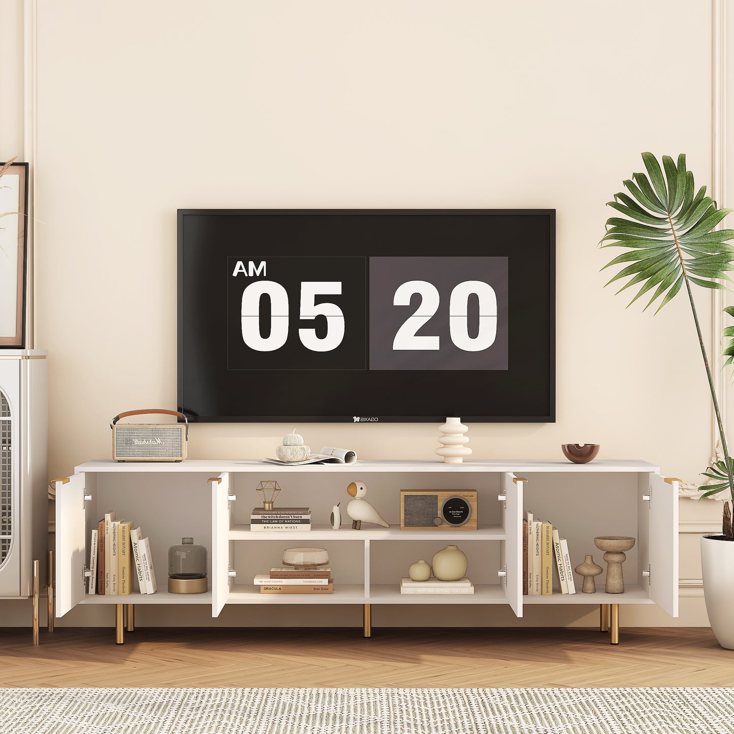 Weißes modernes TV-Ständer Fluted T, Entertainment-Center mit Stauraumtüren, TV-Konsole Medienschrank, für 55-Zoll-TV, Wohnzimmer
