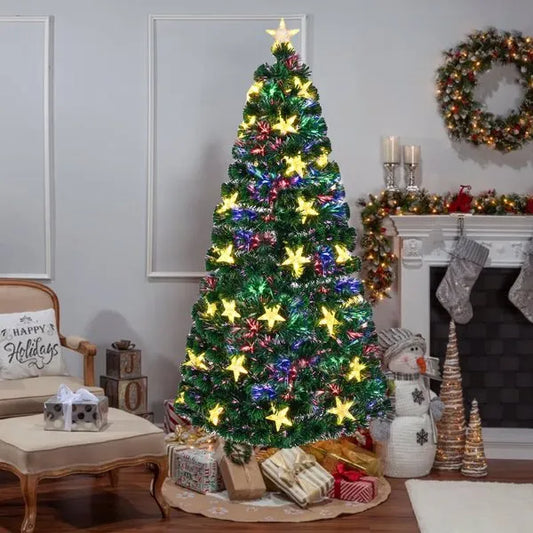 7FT Vorbeleuchteter Glasfaser-Weihnachtsbaum mit großen Sternen, Künstlicher Weihnachtsbaum Fichte grüner Baum mit Metallständer, Voller Baum für Feiertagsdekoration