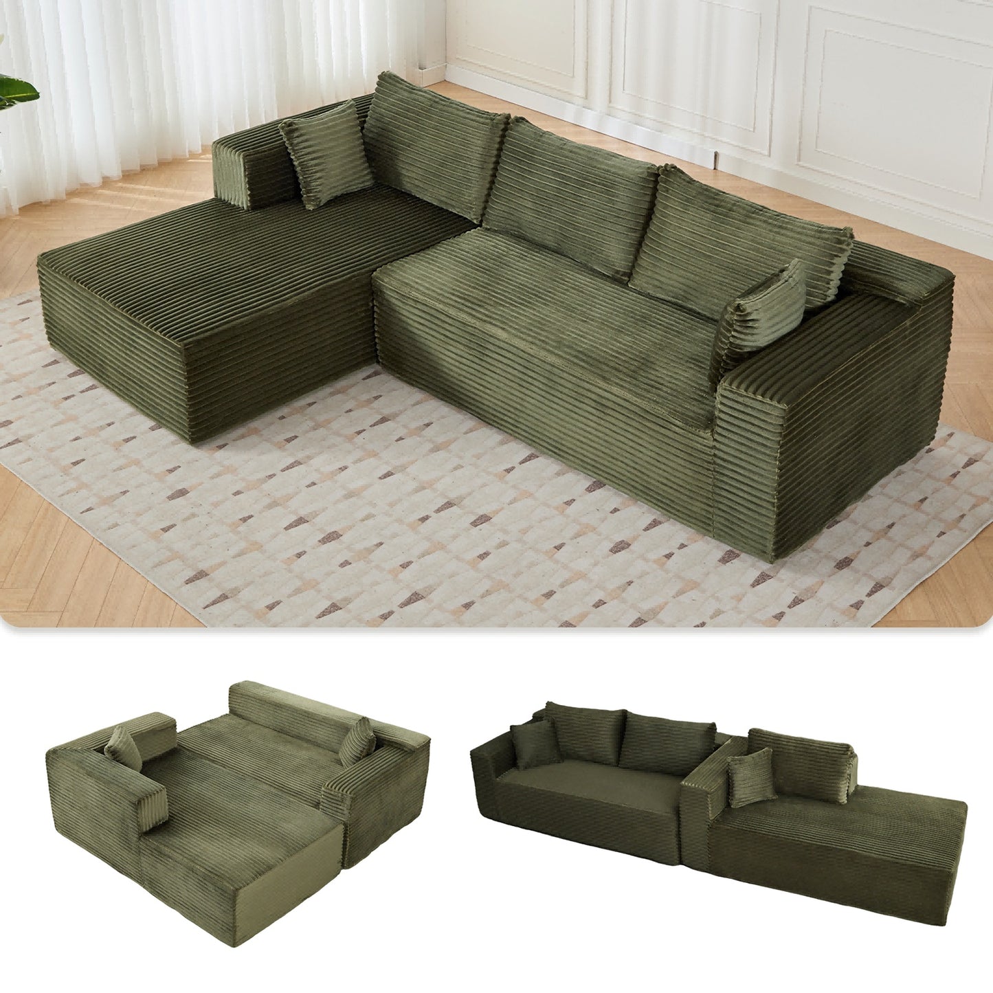 L-förmiges Kompressions-Sofabett mit Nesselstoff - Umwandelbare Ecksofa, ausklappbare Boden-Couch-Schlafplatz, platzsparende flanellartige Lounge für kleine Wohnungen, Wohnzimmer & Spielzimmer OHNE TUME