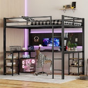 Vollständiges XL Metall-Hochbett mit Schreibtisch und Regalen, Hochbett mit Leiter und Geländern, Hochbett-Rahmen für das Schlafzimmer, Schwarz