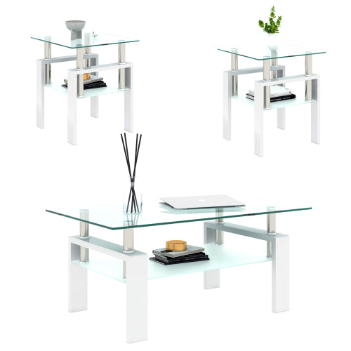 Set aus 2, Moderner Tee-Tisch Kaffeetisch Beistelltisch aus Temperglas, Quadratischer Tisch für das Wohnzimmer, Transparent Weiß