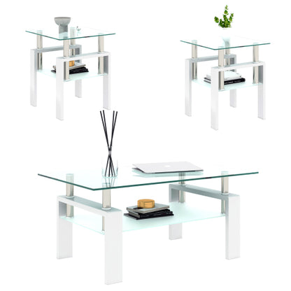 Set aus 2, Moderner Tee-Tisch Kaffeetisch Beistelltisch aus Temperglas, Quadratischer Tisch für das Wohnzimmer, Transparent Weiß