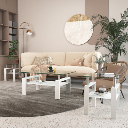 Set aus 2, Moderner Tee-Tisch Kaffeetisch Beistelltisch aus Temperglas, Quadratischer Tisch für das Wohnzimmer, Transparent Weiß