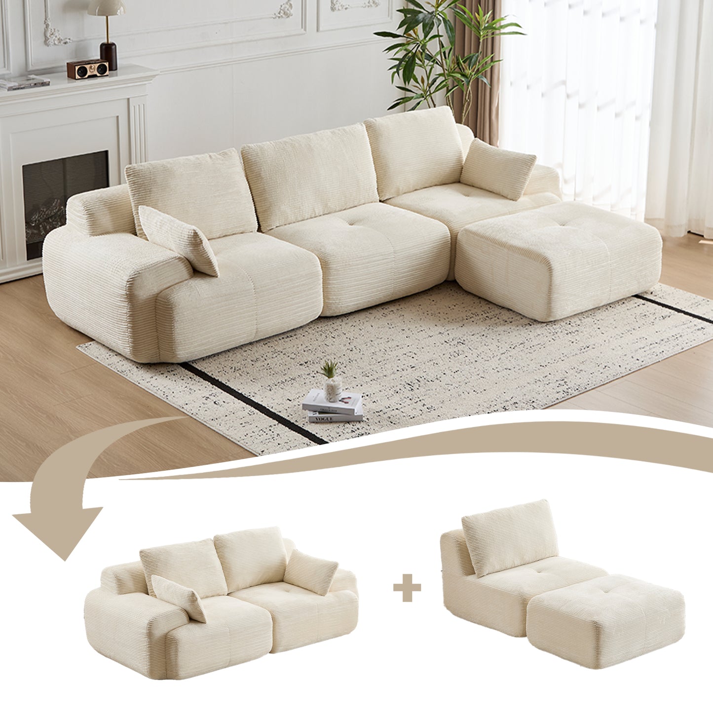 Moderne Kompressions-Matratzen-Sofa, Große Ecksofas für das Wohnzimmer, Haustierfreundliches Wolkenmodulares Ecksofa, Kordstoff, Extra Tiefes Liebespaarsofa, Keine Montage erforderlich, BEIGE