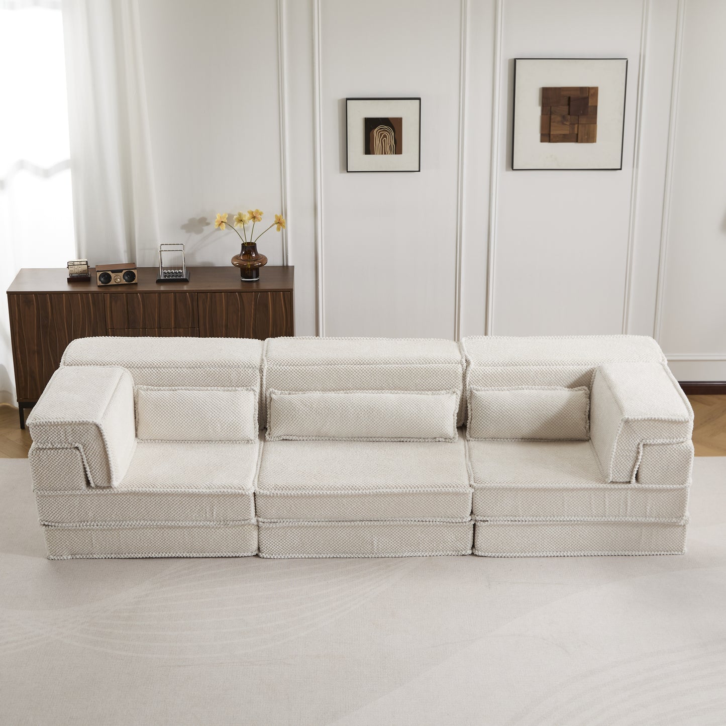 Kompressions-Mahjong-Sofa, umklappbares Boden-Sofabett, DIY knochenloses modulares Sektionssofa, keine Montage erforderlich, Kreis-Fleece-Stoff, überdimensioniertes 3-Sitzer-Sofa mit 3 Kissen, Weiß