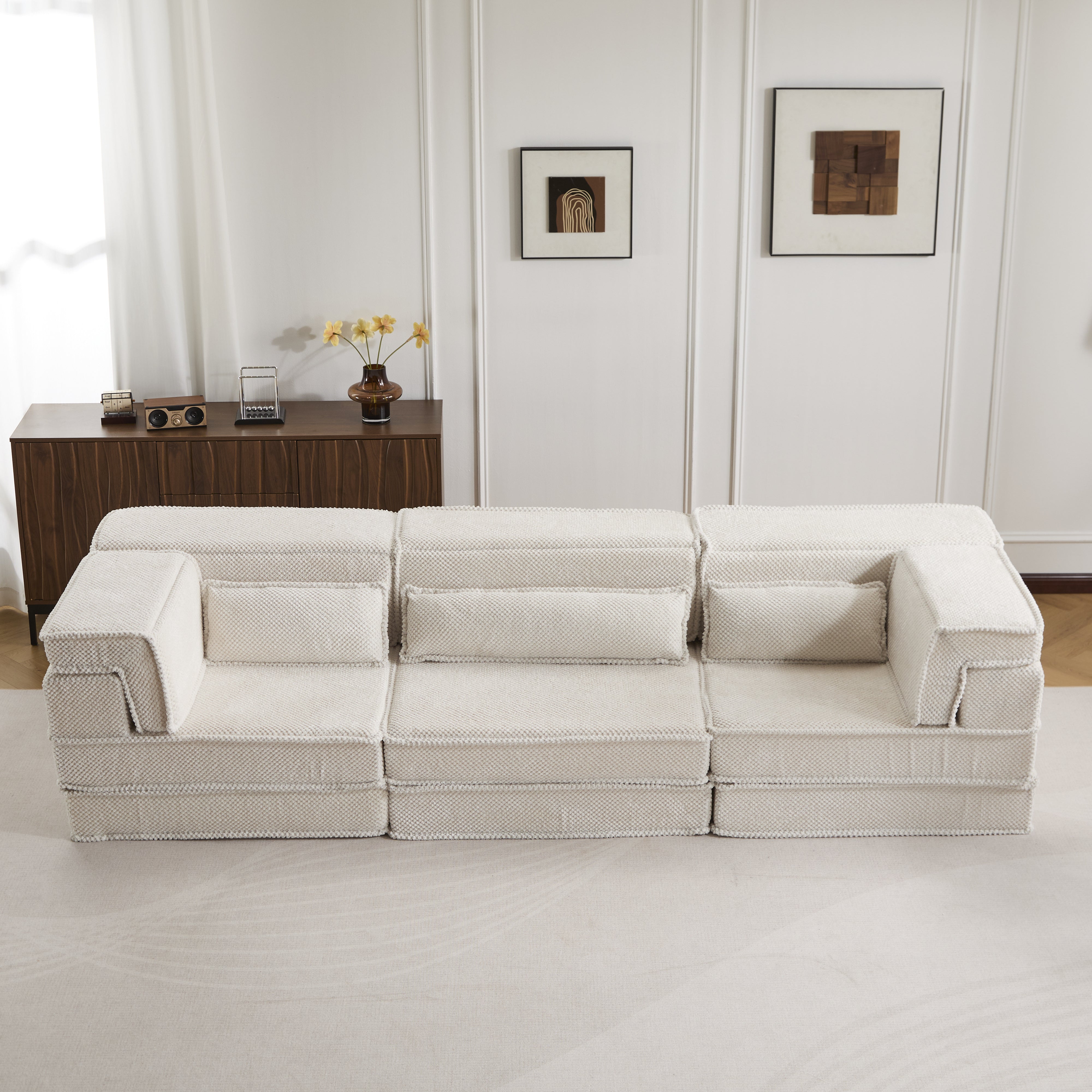 Kompressions-Mahjong-Sofa, umklappbares Boden-Sofabett, DIY knochenloses modulares Sektionssofa, keine Montage erforderlich, Kreis-Fleece-Stoff, überdimensioniertes 3-Sitzer-Sofa mit 3 Kissen, Weiß