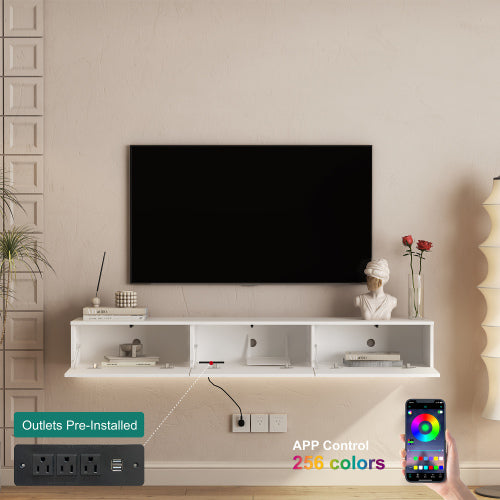 Wandmontiertes Schwebendes TV-Board mit 16-farbigen LEDs, Modernes TV-Board, Schwebendes TV-Schränkchen als Medienzentrum für 55-60-65-Zoll-Fernseher, Weiß