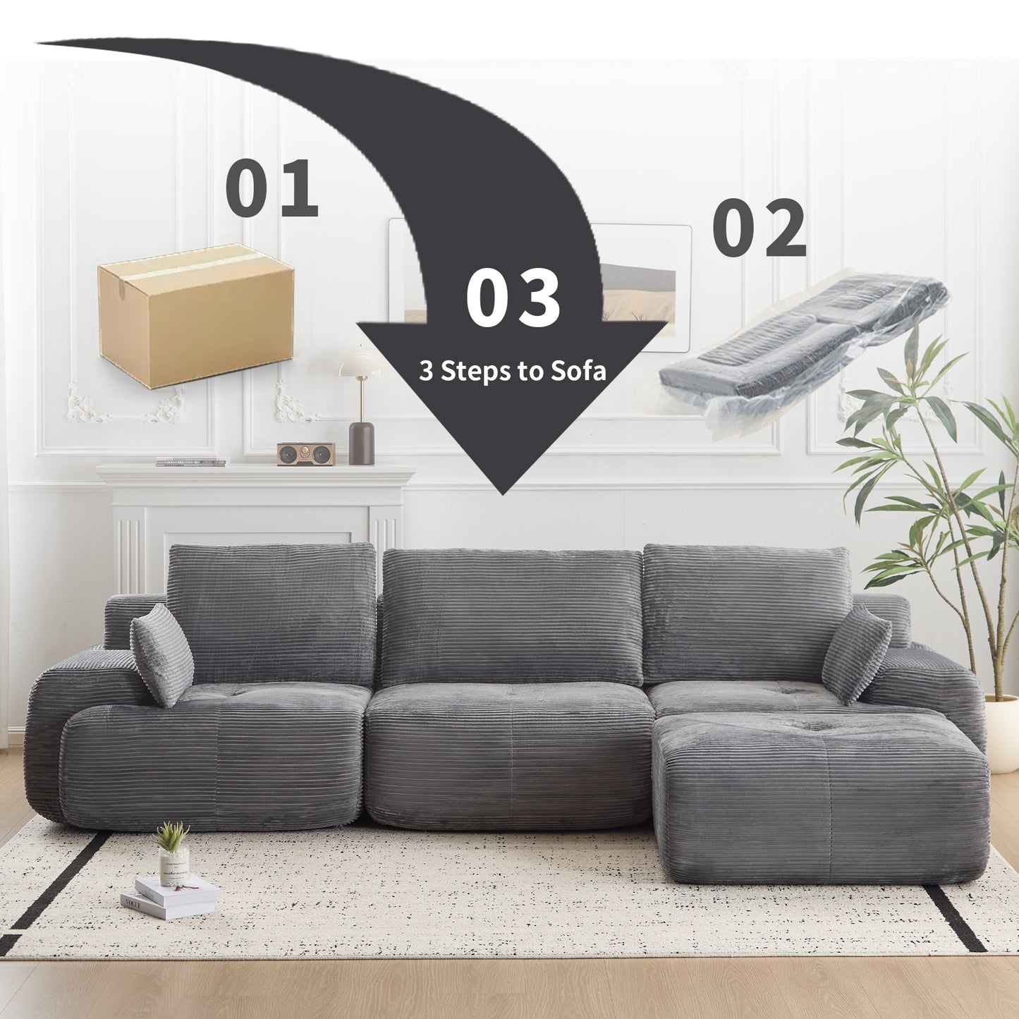 Moderne Kompressions-Matratzen-Sofa, Große Ecksofas für das Wohnzimmer, Haustierfreundliches Wolkenmodulares Ecksofa, Kordstoff, Extra Tiefes Zweiersofa, Keine Montage erforderlich, GRAU