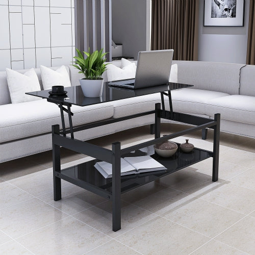 Glas-Hebetisch-Couchtisch, Modernes Einfaches 2-Lagiges Temperglas-Couchtisch für das Wohnzimmer, Schwarz