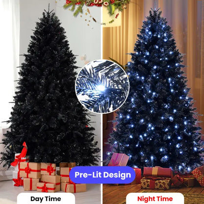 1,52 m hoher schwarzer Weihnachtsbaum mit 250 weißen LED-Lichtern, 1076 Spitzen PE+PVC künstlicher Baum für Halloween- und Feiertagsdekoration, Scharnierstruktur mit stabilem Metallständer