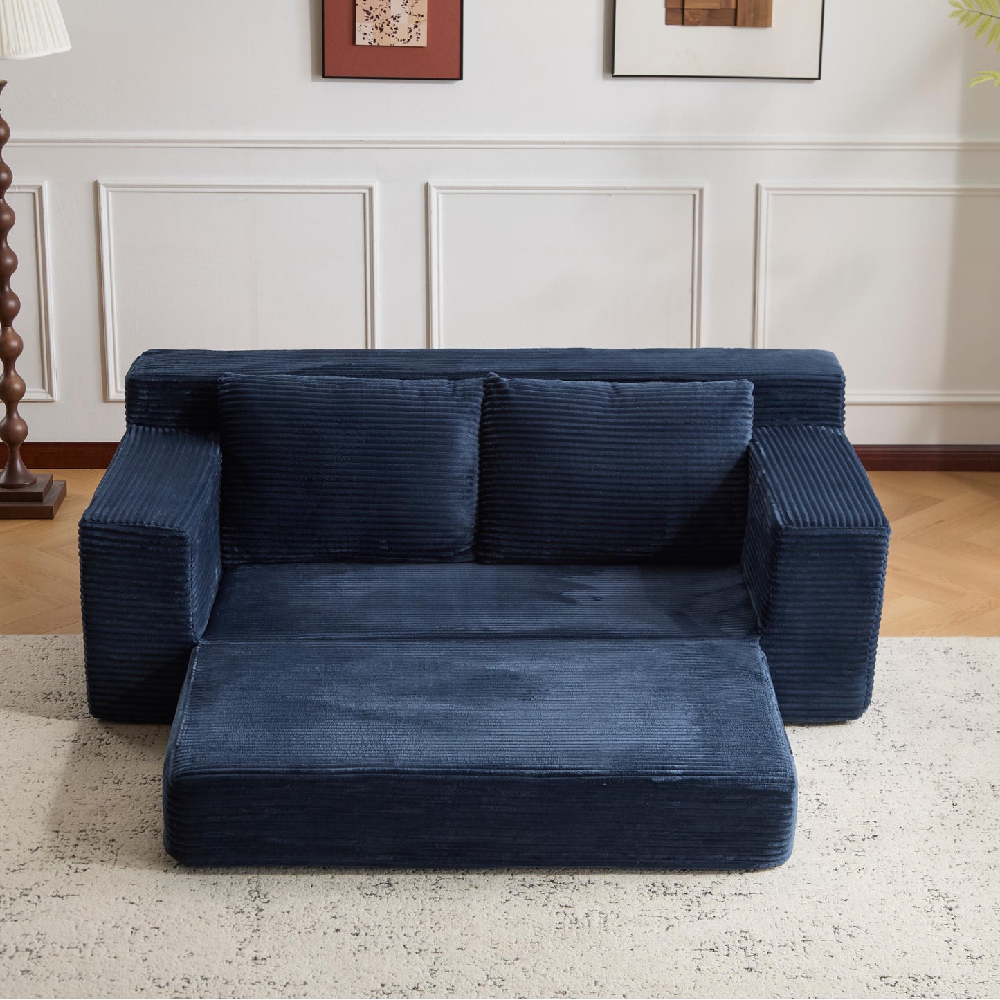 Zweisitzer-Sofa, Bequemes Sofa-Bett mit tiefer Sitzfläche, Modernes kleines Cord-Sofa für Wohnzimmer und Schlafzimmer, Umkehrbares Kissen mit Kissen, Keine Montage erforderlich, Dunkelblau