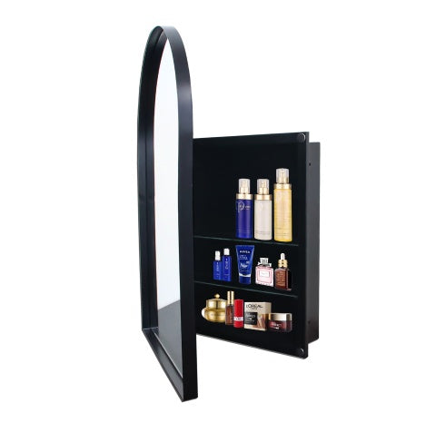 24x36 Zoll gewölbter eingelassener Arzneischrank, Badezimmer-Wandspiegel mit Metallrahmen, Spiegel und einstellbaren Regalen, Wandspiegel mit Stauraum für das Badezimmer, mattschwarz