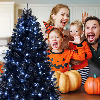 1,52 m hoher schwarzer Weihnachtsbaum mit 250 weißen LED-Lichtern, 1076 Spitzen PE+PVC künstlicher Baum für Halloween- und Feiertagsdekoration, Scharnierstruktur mit stabilem Metallständer