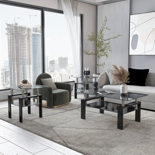 Set aus 2, Modernes Temperglas-Teetisch Couchtisch Beistelltisch, Quadratischer Tisch für das Wohnzimmer, Schwarz