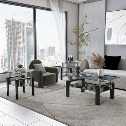 Set aus 2, Modernes Temperglas-Teetisch Couchtisch Beistelltisch, Quadratischer Tisch für das Wohnzimmer, Schwarz
