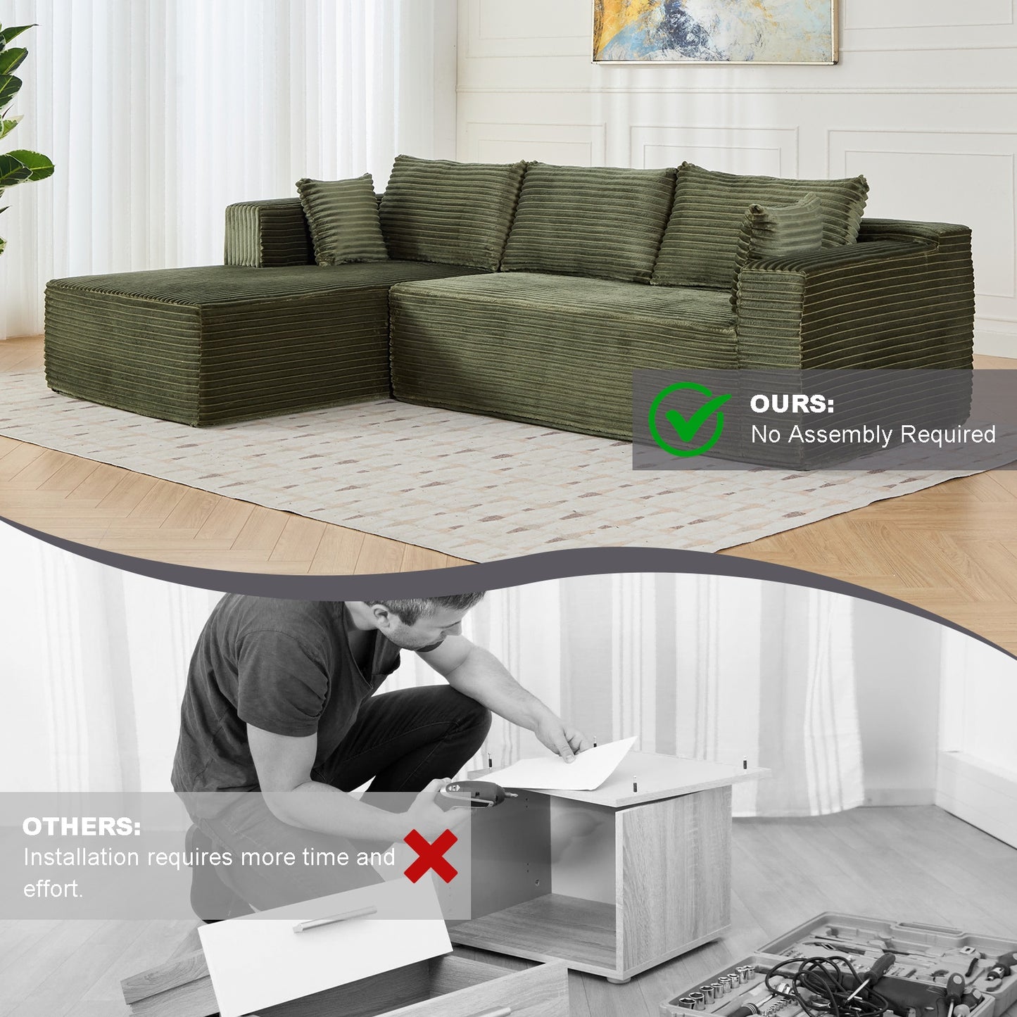 L-förmiges Kompressions-Sofabett mit Nesselstoff - Umwandelbare Ecksofa, ausklappbare Boden-Couch-Schlafplatz, platzsparende flanellartige Lounge für kleine Wohnungen, Wohnzimmer & Spielzimmer OHNE TUME