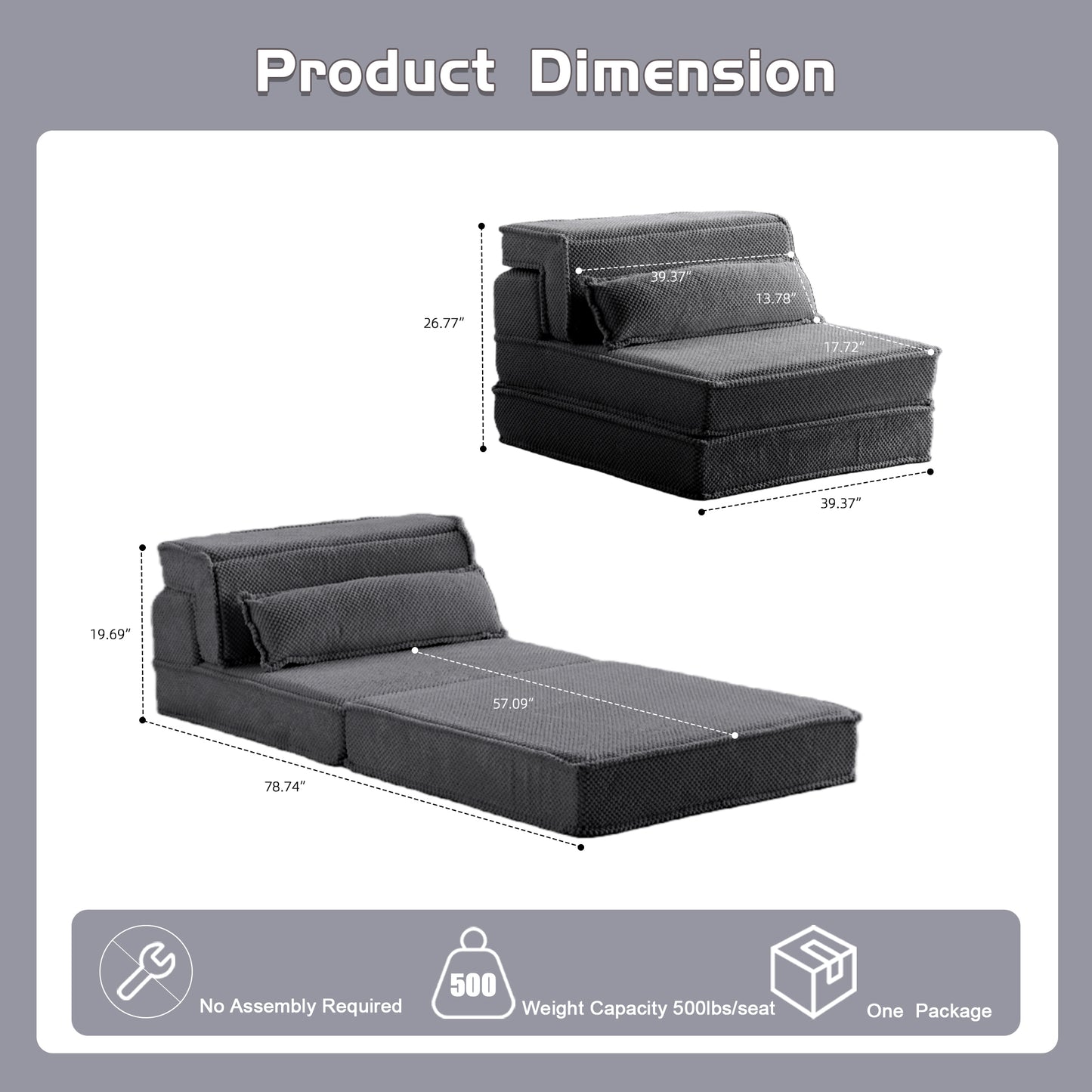 Kompressions-Mahjong-Sofa, umklappbares Boden-Sofabett, DIY knochenloses modulares Sektionssofa, keine Montage erforderlich, Kreis-Fleece-Stoff, überdimensioniertes Einzelsofa mit 1 Kissen, Dunkelgrau