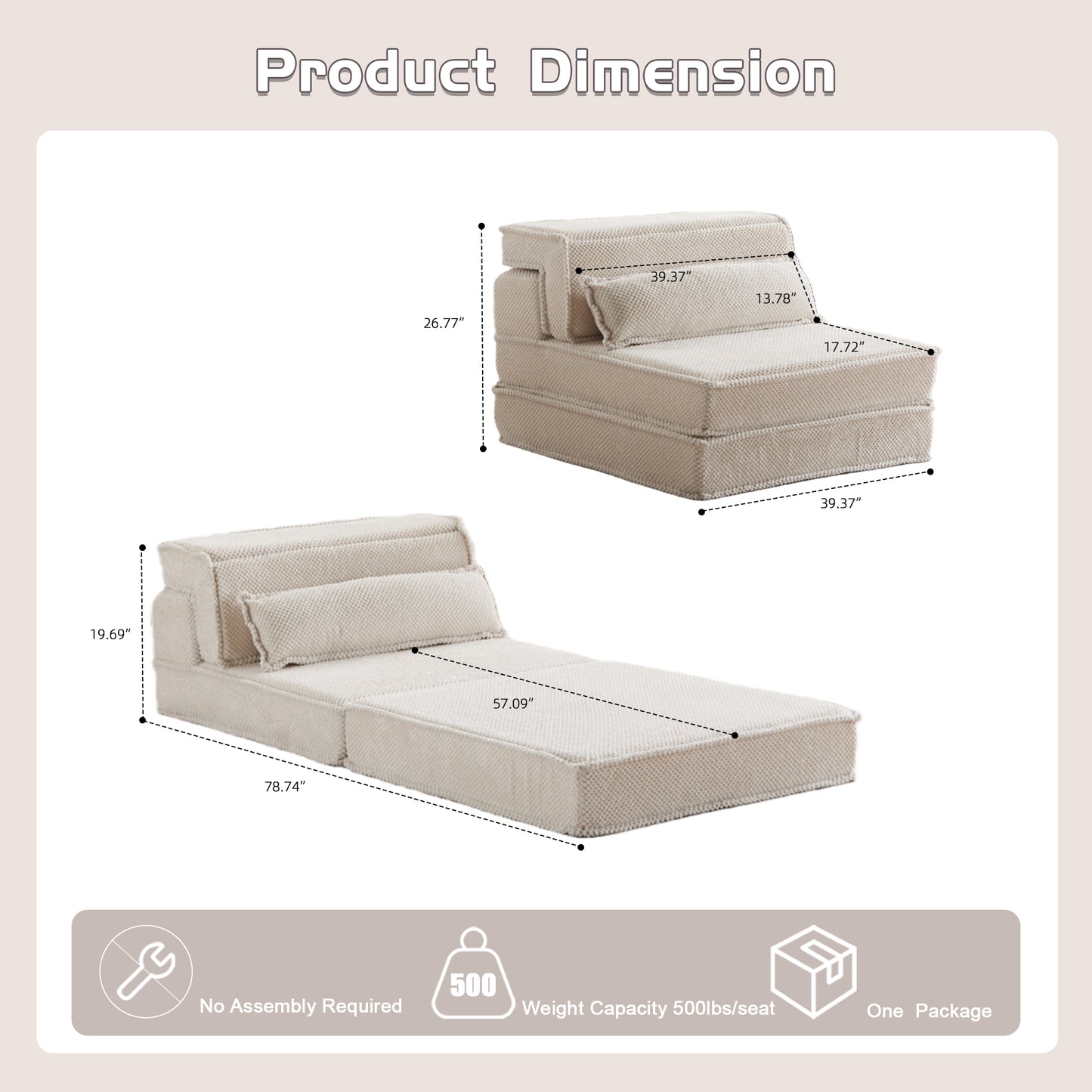 Kompressions-Mahjong-Sofa, Umwandelbares Boden-Sofabett, DIY Knochenloses Modulares Sektionalsofa, Keine Montage Erforderlich, Kreisförmiger Fleece-Stoff, Überdimensioniertes Einzelsofa mit 1 Kissen, Weiß
