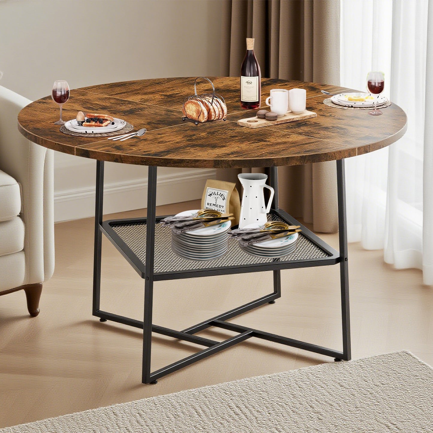 51'' Round Dining Table For 4-6  Tiger Stripes Black Wooden Dining Room Table With Storage Shelf Space Saving Circle Dinner Table With Metal Legs For Kitchen Living Room Dining Restaurant Furniture