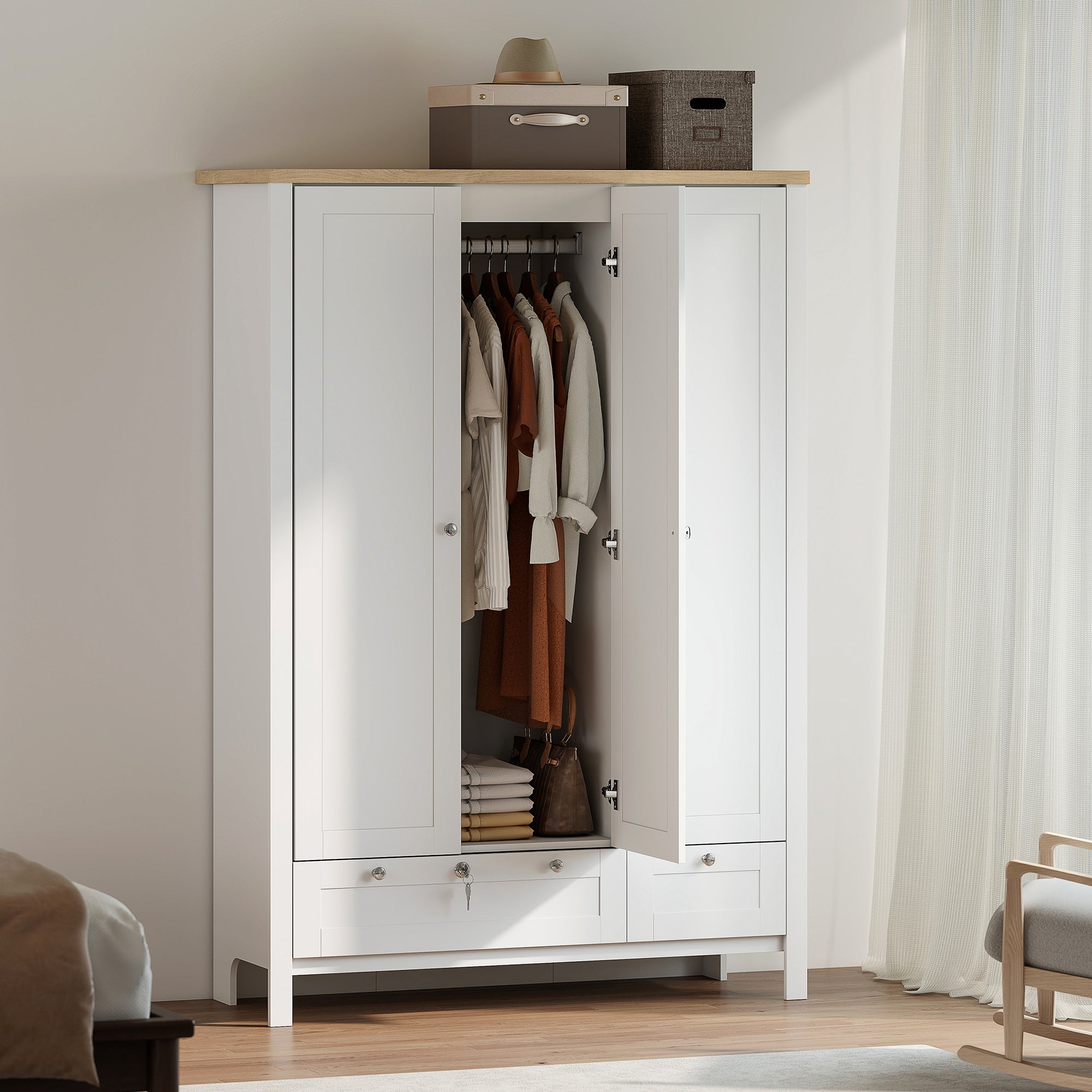 Wardrobe Closet 3 Doors 2 Drawers Modern Bedroom