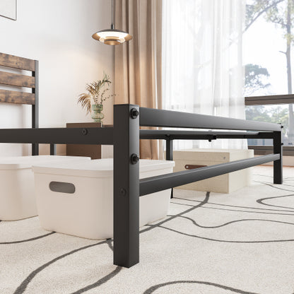 Queen-Size-Platform-Bettgestell mit rustikalem, vintage Holz-Kopfteil, starke Metallleisten stützen die Matratzenunterlage, keine Boxspring-Federkern erforderlich, rustikales Braun