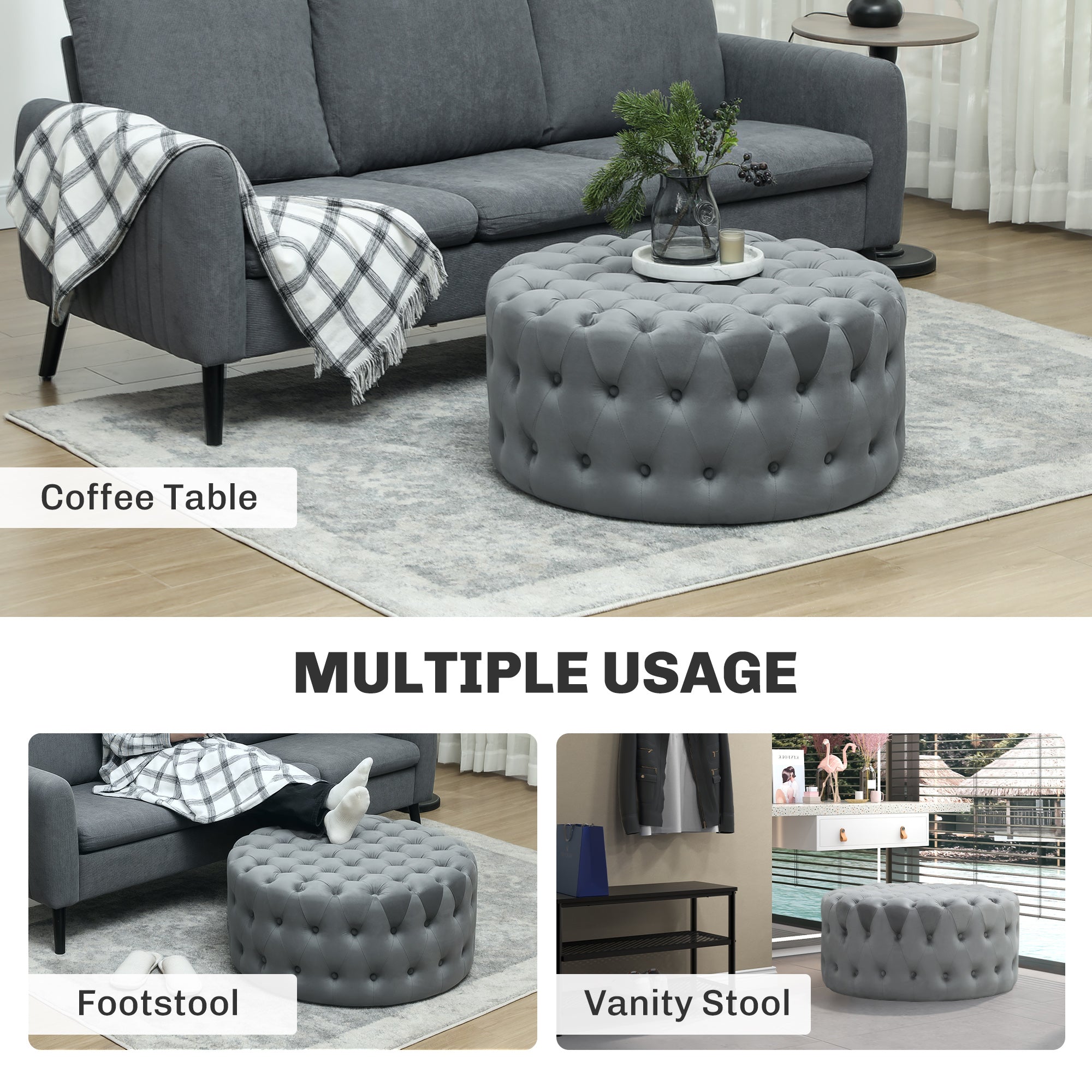 Runder Osmanischer Couchtisch mit Samtgefühl-Polsterung, Knopfgepolstertem Design und gepolstertem Sitz, Dunkelgrau