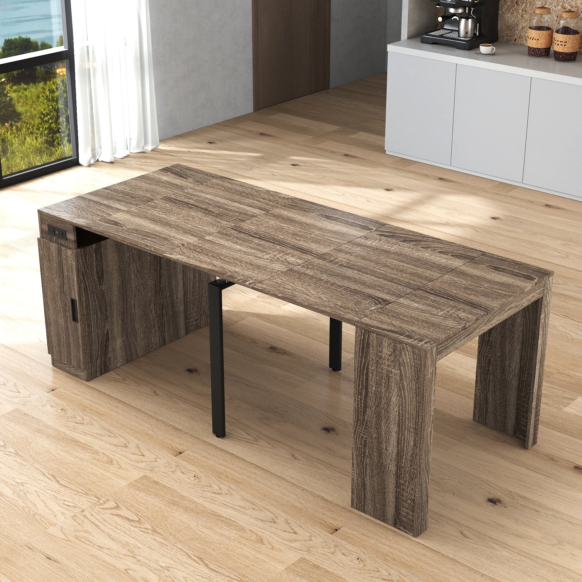 Moderne multifunktionale ausziehbare Esstisch mit Steckdose, platzsparender ausklappbarer Tisch mit Stauraum für Partys, Hochzeiten, Meetings und Feiern